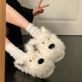 Girls' Wrinkled Dog Fur Outdoor Slippers - 2025 Fall/Winter Collection, Height-Increasing, Hotfix Cotton Slippers White + 38-39 5ea