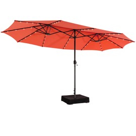Giantex 15ft Large Outdoor Umbrella Double-Sided, 48 Solar Lights, Auto-Charging Solar Panel, Extra Large Patio Umbrella with Base and Crank, Outdoor Market Umbrellas for Poolside Garden (Orange)