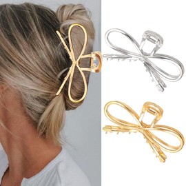 CAKURE Gold Bow Claw Clip Metal Hair Clips Large Bow Hair Catch Barrette Hair Accessories for Women and Girls (Pack of 2)