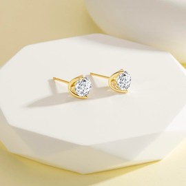 14K Gold Earrings Hypoallergenic Gold Studs Earrings for Women with Round Cubic Zirconia, Comfortable Wear, Petite Diamond Stud Earring 6MM