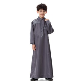 XINNI Arabic Thobe Muslim Thobe Kaftan Stand Collar Robe with Botton for Boy