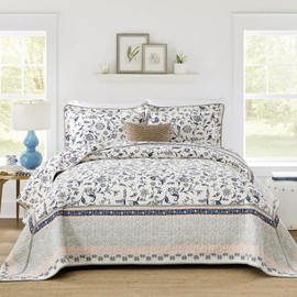 FineStichery 100% Cotton Oversized Quilt Bedspread 128"x120", Lightweight King Bedspreads Coverlets, Extra Large Floral Quilt, Quilted Reversible Bedding Cover, 3 Piece, Navy