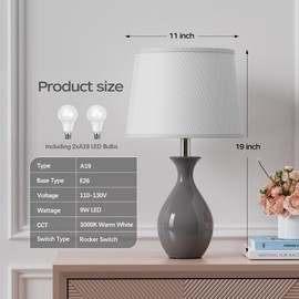 PARTPHONER Table Lamp Set of 2, Modern Ceramic Bedside Lamps for Night Stands, Classic Small Lamp Nightstand Lamp for Bedroom Living Room Desk End Table Rocker Swtich Grey