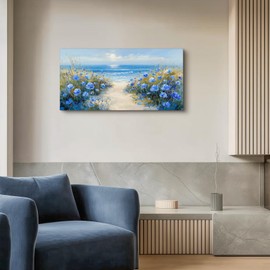 SLYCAY Coastal Landscape Large Wall Art for Living Room, Beach Sunrise Canvas Prints, Nature Blue Florals Ocean Paintings Modern Farmhouse Decor, Bedroom Kitchen Bathroom Office Home Decor 20"X40"