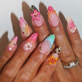 24Pcs Summer Flower Press on Nails Medium Almond Fake Nails French Tip False Nails with Gold Bead Colorful Rhinestone Design Reusable Acrylic Nails Full Cover Artificial Stick on Nails for Women Girls