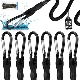 6 Piece 12 Inch Carabiner Bungee Cords with Hooks, Heavy Duty Outdoor Bungee Cords with Carabiner Hooks, 6" Nylon Cable Ties, UV & Weather Resistant
