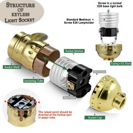 Keyless Lamp Socket,E26 Standard Medium Screw Vintage Light Socket,Edison Lamp Socket Holder Replacement,No Switch,UL Listed (Gold)