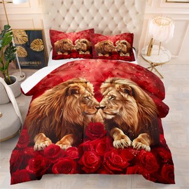 AUCOOMA Comforter Set Queen size Red Romantic Lion Comforter Set Multiple Colors Available