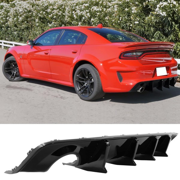 FREEMOTOR802 Compatible with 2020-2023 Dodge Charger Widebody Rear Diffuser, IKON V3 Style Rear Bumper Diffuser Lip W/ 4 Shark Fins Gloss Black PP