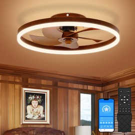 VOLISUN Farmhouse Ceiling Fans with Lights and Remote, 19.7in Low Profile Ceiling Fan Flush Mount, 3000K-6500K Dimmable Bladeless Fandelier Ceiling Fans with Lights for Bedroom(Walnut)