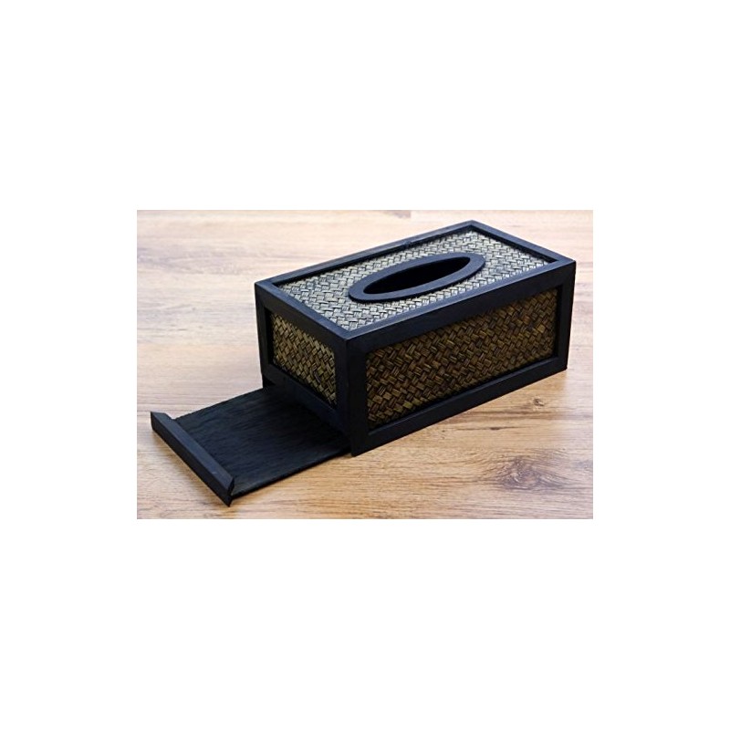 Wood & Rattan Tissue Box, Solid Wood, Handcrafted in Thailand,