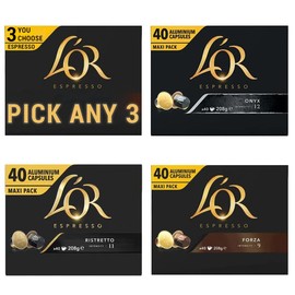 L'OR Espresso Coffee Pods PICK ANY 3 from 4 different blends inc. Forza, Ristretto, Delizioso and Onyx - Nespresso®* Compatible Aluminium Capsules - Each pack 40 pods, Total 120 pods (120 Drinks)