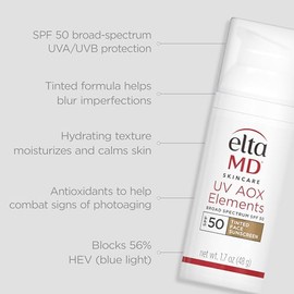 EltaMD UV AOX Elements Tinted Face Sunscreen, SPF 50, 100% Tinted Mineral Sunscreen for Sensitive Skin and Dry Skin with Antioxidants, 1.7 oz Pump