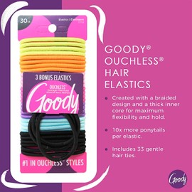Goody Ouchless Women's Elastic Hair Ties - Assorted Neon, 30 Count + 3 Bonus - 4MM for Medium Hair - Long-Lasting Braids, Ponytails, and More - Pain-Free Hair Accessories (Packaging May Vary)