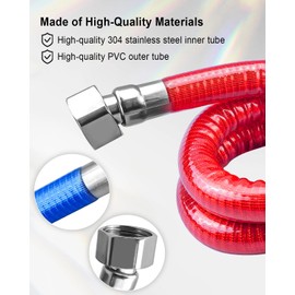 24 Inch Flexible Stainless Steel Corrugated Water Heater Connector, Hot and Cold Color Water Heater Hose with 1/2" FIP x 1/2" FIP Connector, 2PCS Red and Blue