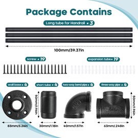 Lechansen Handrails for Indoor Staircase,10FT/ 3 Meters Black Pipe Stairscase Handrails,Pipe Stairs Railing Non-Slip Wall Mount Iron Stairscase Handrails Indoor Safety Steps Handle