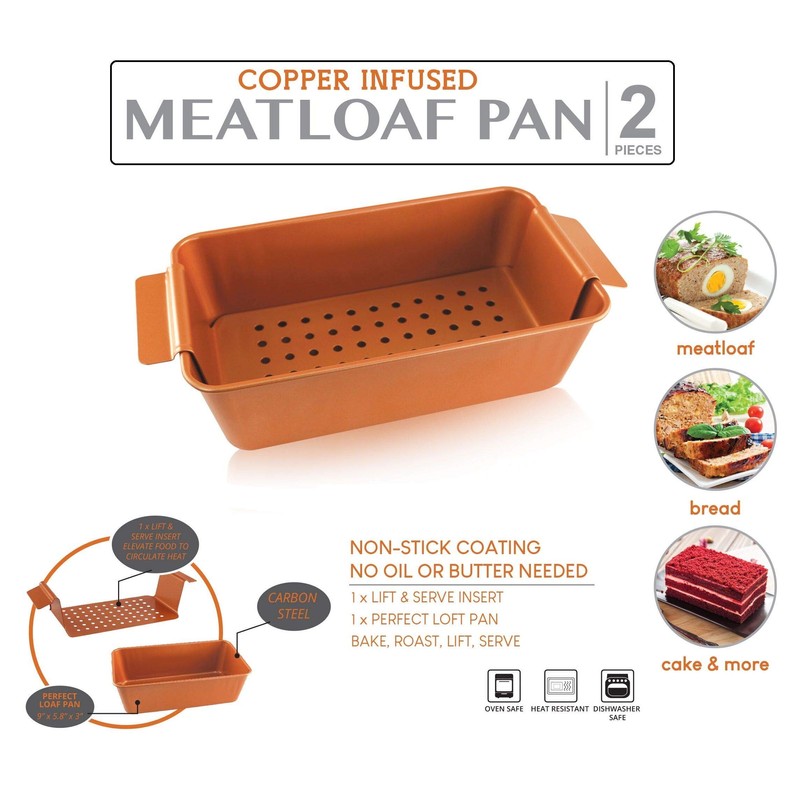 Volar Non-Stick Meatloaf Pan 2-Piece Healthy Meatloaf Pan Set Copper