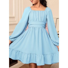 blibean Girl Long Sleeve Tie Back Dress Teens Fall Boho Semi Formal Dresses Tweens Holiday Off Shoulder Outfits Little Kids Fancy Party Valentines Clothes Size 10-11 Years Old Sky Blue