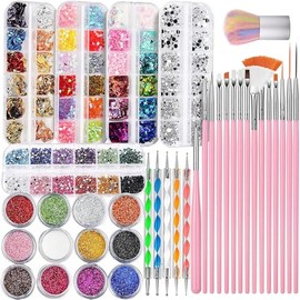 Kit de Arte de uñas, Kit De Accesorios Decoración Uñas con Pinceles para DIY Uñas,Juego de Manicura Diseño con Brillo Fino, Mariposa de Uñas,Accesorios Decoración Copos de Hoja de Oro, Diamantes de Imitación para Arte de Uñas y Cepillo para Polvo