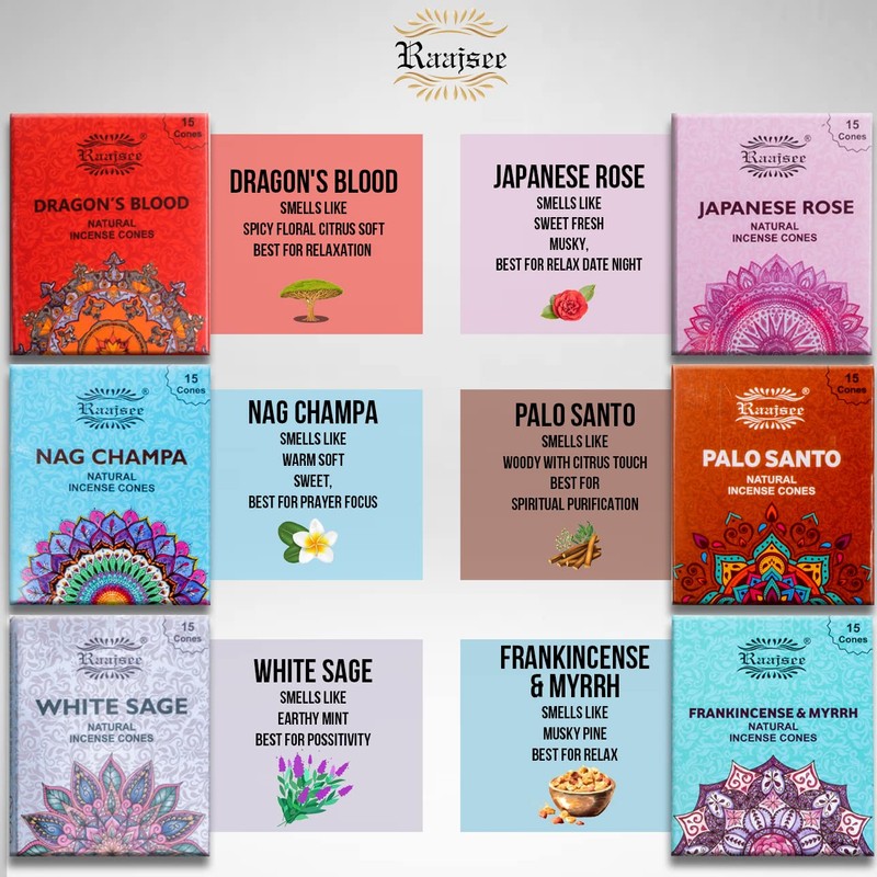 Raajsee Natural Incense Cones,6 Pack Mixed Scents Gift Pack 15