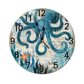 Abucaky Blue Octopus Nautical Map Wall Clock Battery Operated Silent Round Clock Wall Decor for Home Office School, 12 Inch