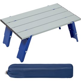 PORTAL Folding Mini Small Beach Table, Portable Aluminum Beach Table with Retractable Legs and Carry Bag for Outdoor Picnic/Cooking/Camp/Travel/Beach,15" L x 8" W x 6" H, Silver/Blue