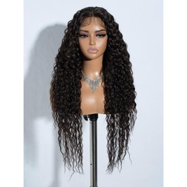 Joedir Long Deep Curly Wavy Lace Front Wig Dark Brown Synthetic Wigs for Women Glueless Lace Wig 30 Inch Middle Part Natural Looking Heat Resistant Fiber Wig for Daily Party Use