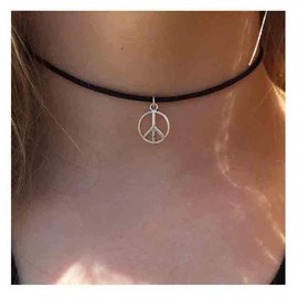 Olbye Peace Necklace Choker Leather Silver Choker Necklace for Women and Teen Girls Boho Jewelry Necklace Silver (Geometric)