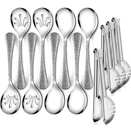 Teivio Hammered Stainless Steel Metal Serving Utensils Set of 12, 10" Serving Spoons, 10" Slotted Spoons, 9" Serving Tongs, Large Hostess Serving Set for Parties Chafing Dish Buffet Catering (Silver)