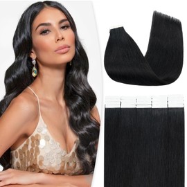 Benehair Tape-In Real Hair Extensions, 20 Pieces, 20 g, Invisible Tape Extensions, Real Hair, Remy Natural Tapes, 30 cm, Dark Black #1