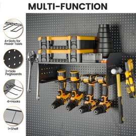 TRZZ Power Tool Organizer Wall Mount, 2-Tier, 4 Drill Holders, Cordless Drill Rack with 2 Side Pegboards, Drill Storage for Garage, Tool Room, Workshop, Black