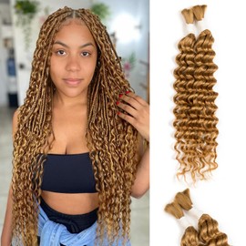 Human Hair Braiding Hair Deep Wave 2 Bundles/Pack 50g 14 Inch, Bulk Human Braiding Hair for Boho Braids Honey Blonde, Water Wave Braiding Boho Human Hair for Women