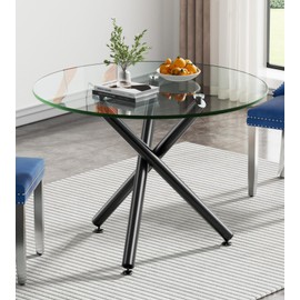 Modern Round Dining Table for 2 4 People, 36 in Glass Kitchen Dining Room Table with Black Metal X-Shaped Legs, Space Saving Circle Dinner Tables for Dining Room, Kitchen, Living Room