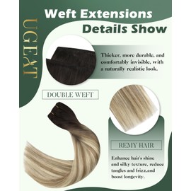 Ugeat 22 inch Hair Extensions Weft Human Hair Sew in Extensions Ombre Dark Brown to Chestnut Brown Mix Blonde Balayage Sew in Hair Extensions Real Human Hair Invisible Weft Extensions 105G