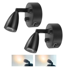 TZnponr 2PCS 12V - 24V RV LED Spotlight Small Size Reading Light USB Charging Port 360°Swivel Spotlight，Any Touch dimmable3500K Warm Light for Bedside lamp of Truck Trailer Ship (Black)