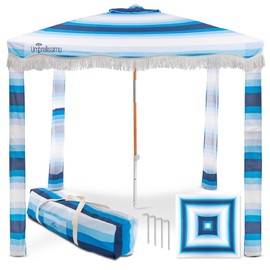 Premium Beach Cabana - Umbrellissimo Signature Blue Ombre. Includes Sand Anchor, Designer Canvas Prints & Fringe finishes, Sand Pockets, pegs, Carry Bag. Easy Set up 6.6'x6.6' of Cool UPF50+ Shade