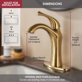 RODDEX Bathroom Faucet, Single Handle Basin Vanity Faucet, 1 or 3 Hole Bathroom Sink Faucet with Pop-up Drain Assembly Deck Plate, Brushed Gold