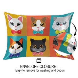 Cute Animal Cats Satin Pillowcase for Silk Pillows for Hair and Skin Standard Size 20x26 Inches, Pillow Cases Soft and Cozy Cooling Slip Pillow Cover with Envelope Closure
