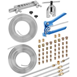 Turnirace 25 ft 3/16in &1/4in Zinc-Plated Brake Line Flaring Tool Kit, Includes 3-in-1 Tube Bender, Double & Single Flaring Tool Set, 4 Threads Unions, 40 Fittings