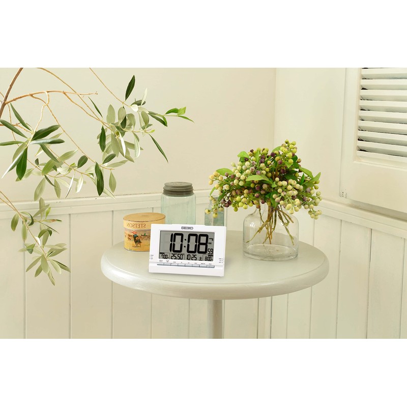 Seiko Clock SQ323W Digital Tabletop Alarm Clock, Radio Controlled, White,