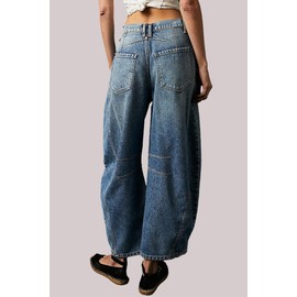 Ladyful Women's Baggy Barrel Jeans Boyfriend Wide Leg Denim Pants Mid Rise Cropped Jeans Blue
