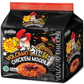 Paldo Fun & Yum Volcano Extremely Hot & Spicy Stir Fried Chicken Instant Noodles, Pack of 4, Soupless Original Korean Ramyun, Spicy Ramen Challenge, Chicken Bokkeummyun, 140g (4.93 oz) x 4