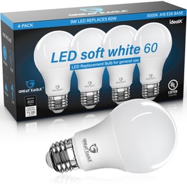 Great Eagle A19 LED Light Bulbs 60 Watt Equivalent - UL Listed - Soft White 3000K LED Light Bulbs - 9W Non Dimmable - 800 Lumens (4 Pack)