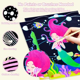BAOXUE Scratch Art for Kids, Mermaids Black Rainbow Scratch Paper Set-Arts and Crafts & Supplies, DIY Activity & Party Games, Mermaid Toys Gifts for Toddlers, Girls