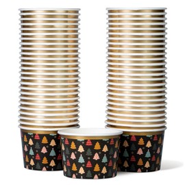 Confettiville Paper Ice Cream Cups, 50-Count 9-Oz Disposable Dessert Bowls for Hot or Cold Food, 9-Ounce Christmas Party Supplies Treat Cups, Christmas Trees, Gold Foil