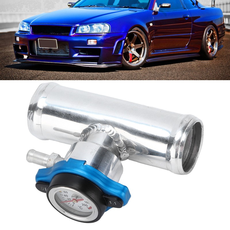 38mm/1.5in Inline Radiator Hose Filler Aluminum With Temperature Gauge for