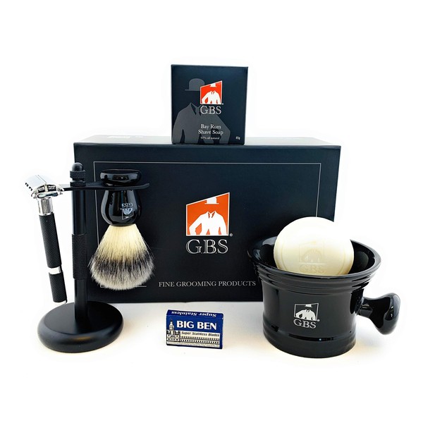 G.B.S Men's Grooming Set - Double Edge Safety Razor Rubber Coated Butterfly Non-Slip Long Razor, All-Natural Soap, Synthetic Brush Stand, Ceramic Mug, Includes 15 DE Blades.