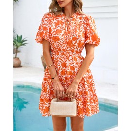 BTFBM Women Summer Floral Short Dresses V Neck Short Sleeve Tiered Ruffle Boho Swing Dress A-Line Mini Dresses(White Orange Floral,Medium)