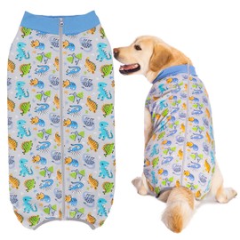 KUVEELA PET Large Dog Medium Dog Post-Surgery Clothing Female Male Dog Post-Surgery Wear Care Clothing Pet Clothing Elizabethan Collar Spaying Weaning Wound Protection (Dinosaur Pattern Blue XL)