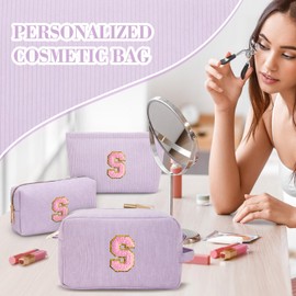Viverte Makeup Bag Cosmetic Bag for Girls with Initial Letter Patch 3 Pieces Corduroy Travel Toiletry Make Up Brush Bag Pounch Organizer Preppy Things Cute Stuff Gifts for Teen Girls (Lavender S)